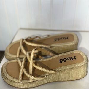 Y2K Mudd Woven Platform Sandals‎ Strappy Natural Tan 2000s Chunky Heels 9 VTG